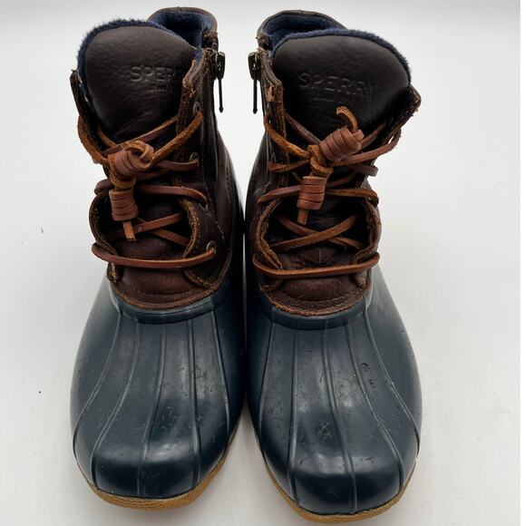 Sperry Saltwater Duck Boots Womens Size 7 Brown Leather Navy Rubber STS91175 - Picture 1 of 13
